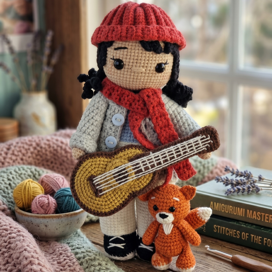 Doll with Guitar & Fox Crochet Pattern