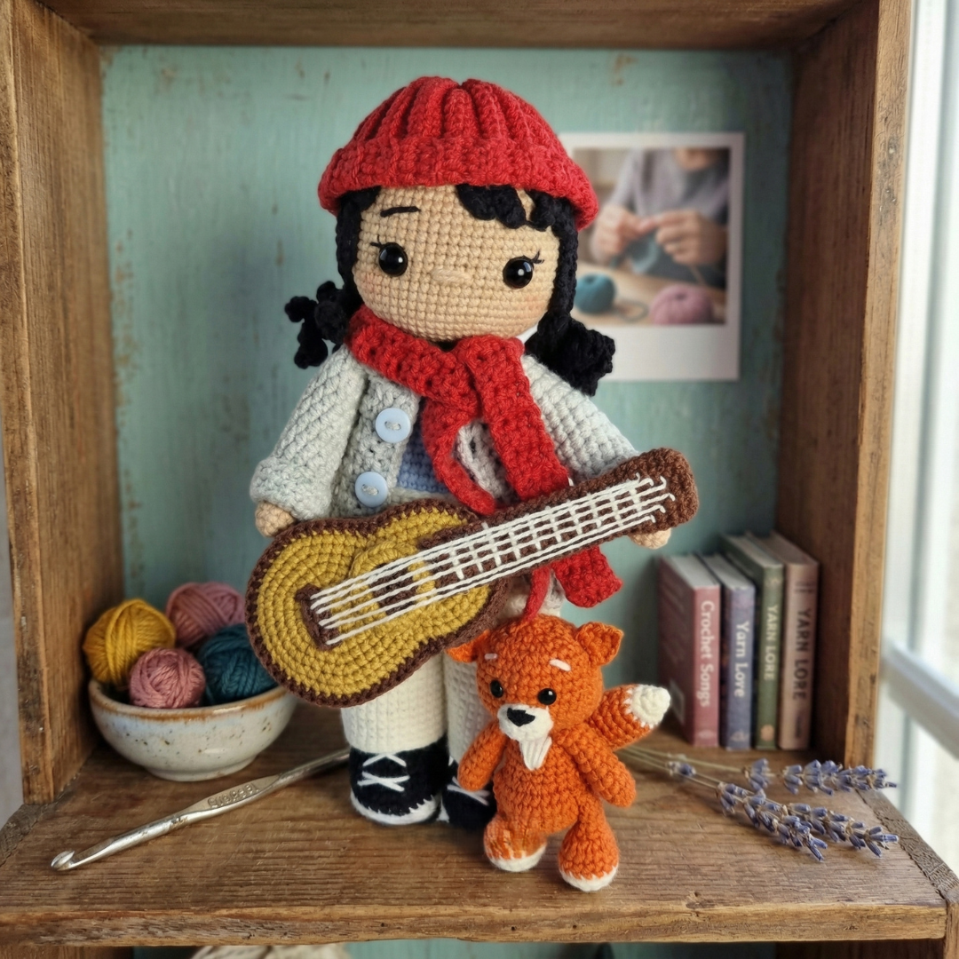 Doll with Guitar & Fox Crochet Pattern